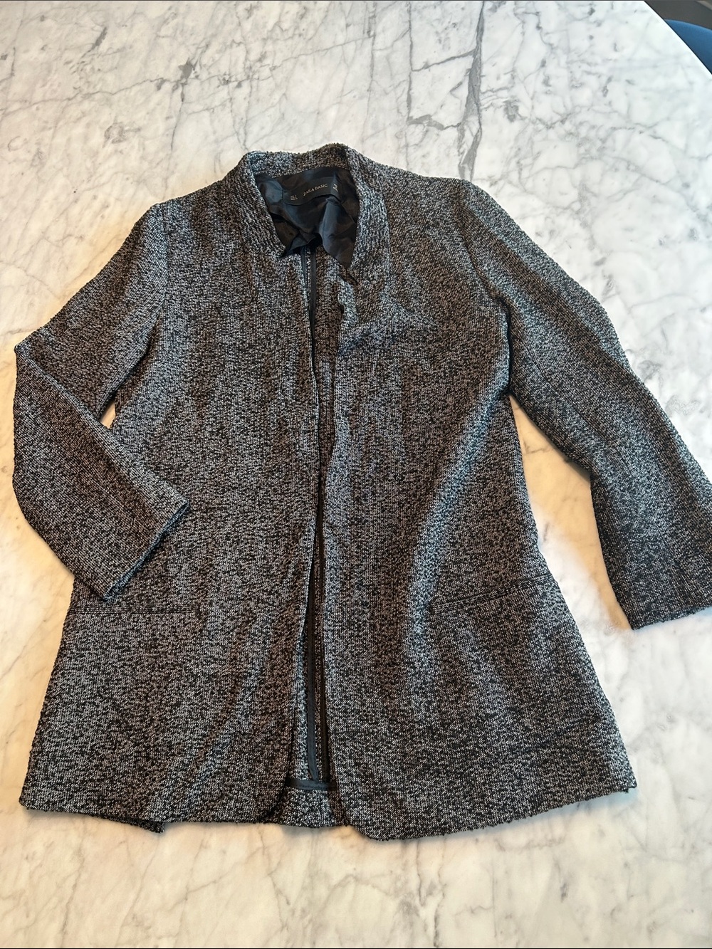 Zara Black and White Open-Front Knit Blazer